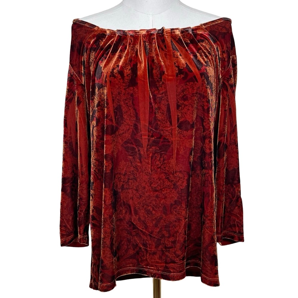 B.L.E.U. Velvet Burnout Tunic Top Women M Red Damask Off Shoulder Y2K Whimsigoth
